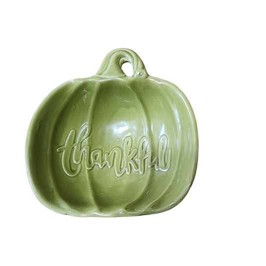 Fall Pea Green Pumpkin | with Saying "THANKFUL" | Decorative Dip Bowl | Serving Bowl | Treasures (Pre-Owned)