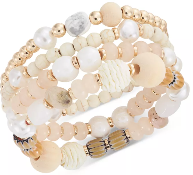 4-Pc. Set Mixed Bead and Stone Stretch Bracelets | Coral | Blue | Beige