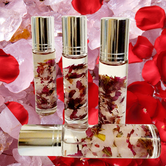 Peppermint EO | Essential Oil Rollerball | Rose Quartz Gemstones | Dried Roses |Natural Remedy Fragrance Oil